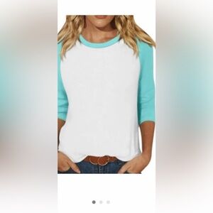 CHASOR Long Sleeve Baseball Tee White Aqua Blue Top Size XS‎
